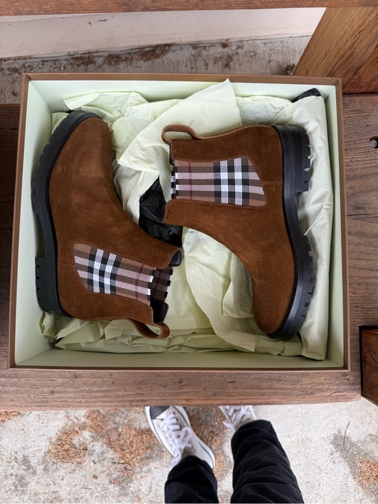 Burberry Shoes - Burberry Brown Suede Chelsea Boots with Plaid check Elastic Panels size 37.5